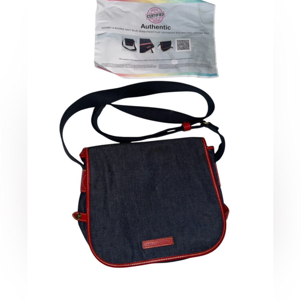 Dooney & Bourke denim messenger bag with red leather trim